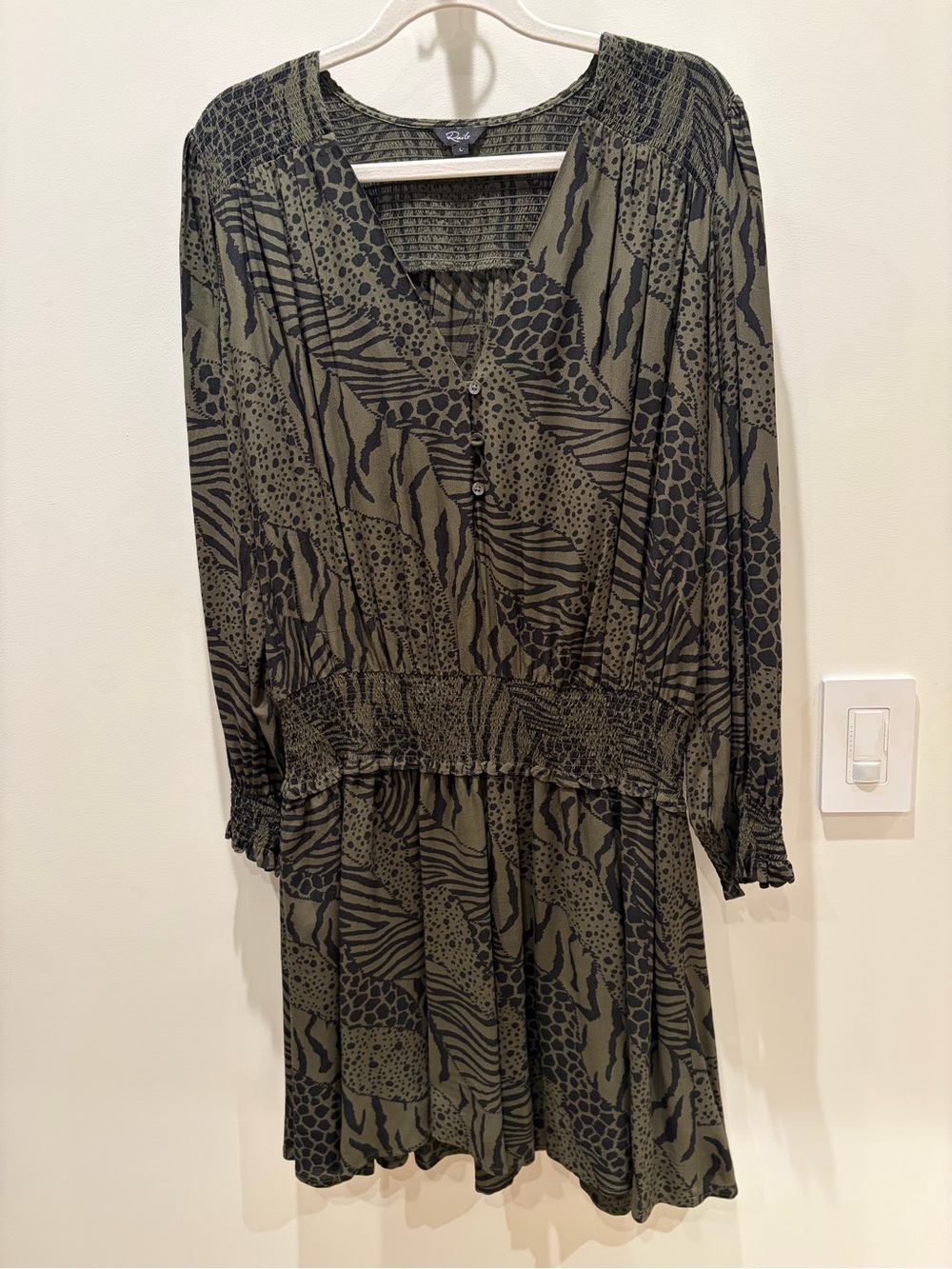 Rails Olive Green and Black Printed Long Sleeve Dress